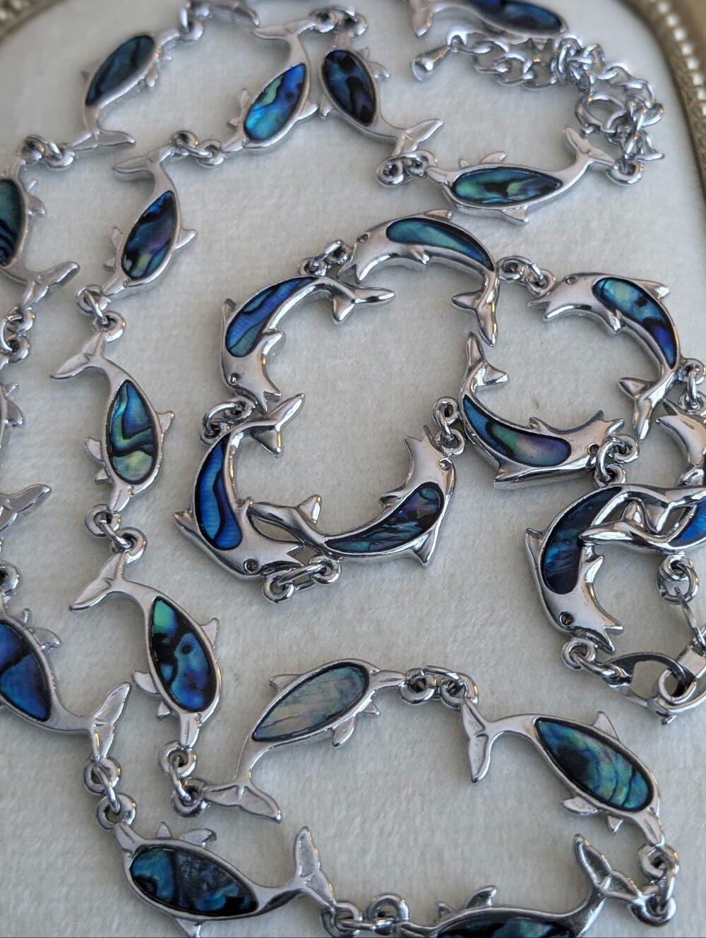 Abalone Shell Fish Necklace & Bracelet Set Silver Tone Nautical Coastal - Picture 5 of 6